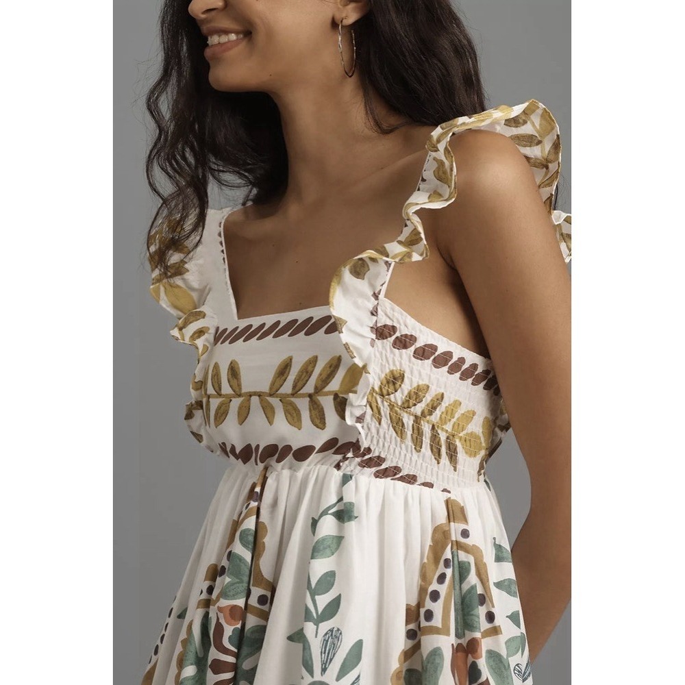 Anthropologie Ruffle-Sleeve White Cotton Square-Neck Mini Dress‎ Size Large NEW - Picture 5 of 12